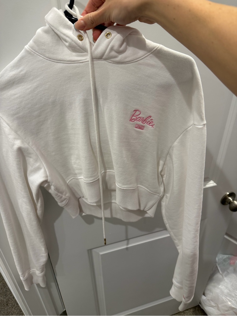KITH Barbie White Cropped Hoodie with Pink Embroidered Logo